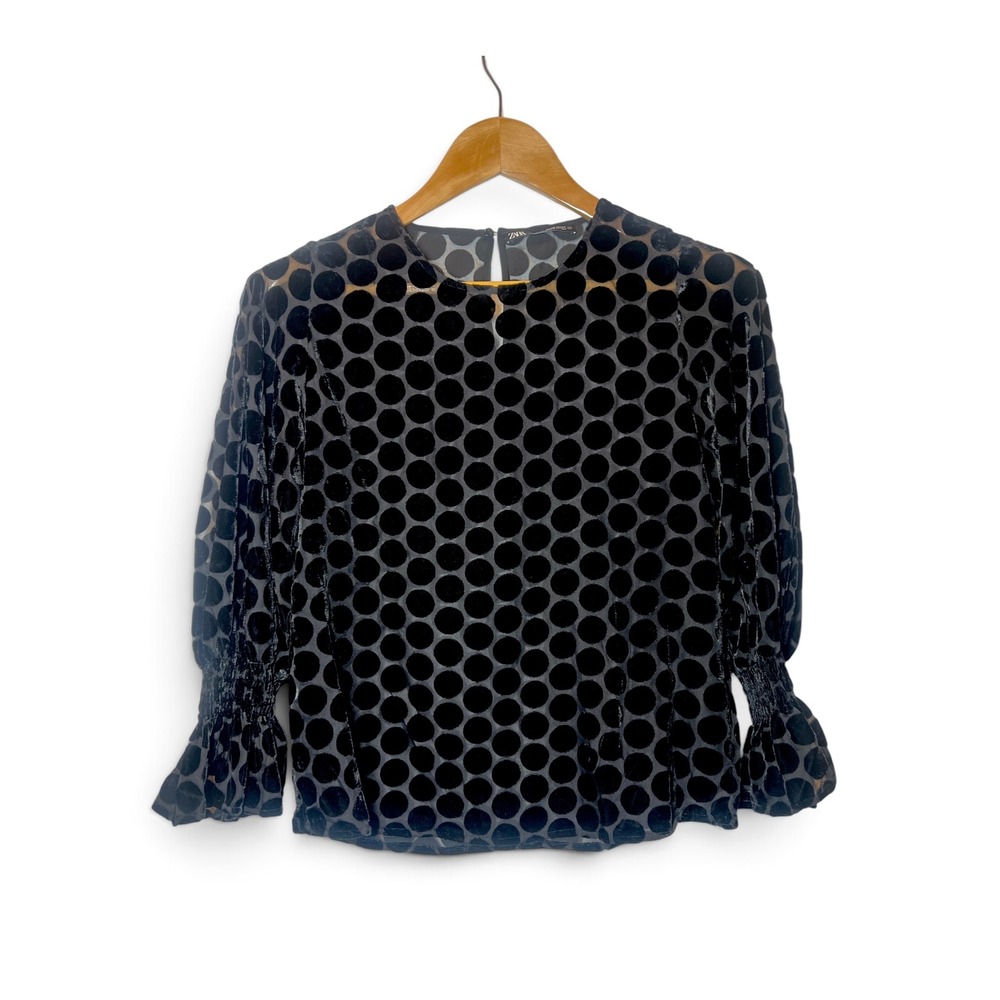Zara Polka Dot Velvet Flocked Sheer Blouse XS Black Gray Mock Neck Bell Sleeve